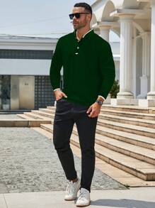 Manfinity Homme Plus Size Men's Casual Contrast Trim Polo Shirt For Autumn - Dark Green - View 4