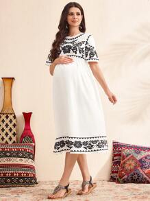 SHEIN 编织花朵印花宽松孕妇装，女士休闲白色连衣裙 - 白色 - 查看 5