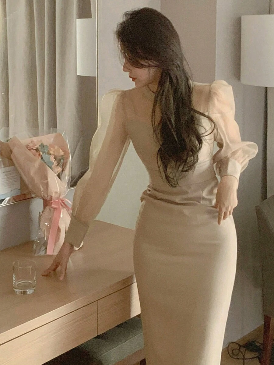 DAZY 女式圆领透视拼接收腰中长连衣裙，秋装长袖连衣裙 - 杏色 - 查看 1