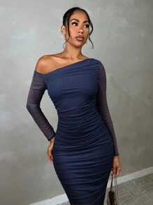 SHEIN BAE 女士优雅长袖褶饰网眼中长晚礼服，修身版型，适合约会、舞会 - 藏蓝色 - 查看 5