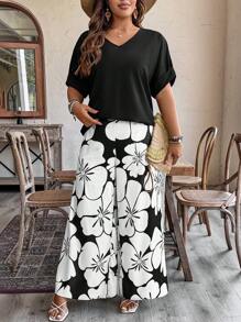 SHEIN LUNE 2 件/套大码女式编织纯色蝙蝠袖 T 恤和松紧腰宽松花卉印花裤，优雅休闲度假装 - 黑色 - 查看 4