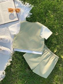 3pcs Baby Boy Outfit Set: Soft Knit Green Letter Graphic Short Sleeve Raglan Pullover, Cargo Pocket Sleeveless Vest, And Elastic Waist Shorts, Summer Sporty Streetwear Suitable For Casual Outings - Green - View 2