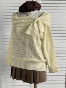 Flirla Suéter de tricô com laço, tamanho grande, fofo e delicado, estilo vintage, essencial para meninas fofas, suéter de tricô para outono/inverno. - Damasco - Ver 4