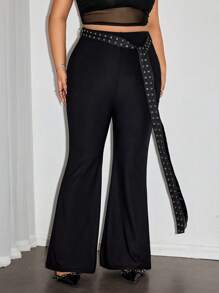 SHEIN ICON Plus Size Black Knit Flare Pants With Punk Style PU Leather Riveted Belt - Black - View 3