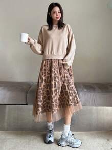 DAZY Leopard Print Mesh Patchwork Loose Mid-Length Dress For Women Cheetah Print,Fall Clothes