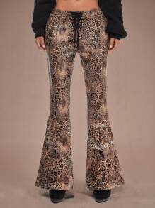 ROMWE Grunge Punk Quần ống loe cạp cao họa tiết da báo gợi cảm cổ điển Y2K có viền bất đối xứng với dây đeo chéo dành cho nữ - Nhiều màu - Xem 1