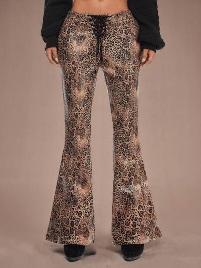 Grunge Punk Pantalon évasé à taille haute avec franges asymétriques, imprimé léopard rétro sexy patchwork et sangles croisées pour femmes