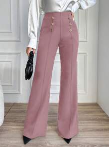 SHEIN Cottnline 女式纯色纽扣直筒休闲裤 - 藕粉色 - 查看 4