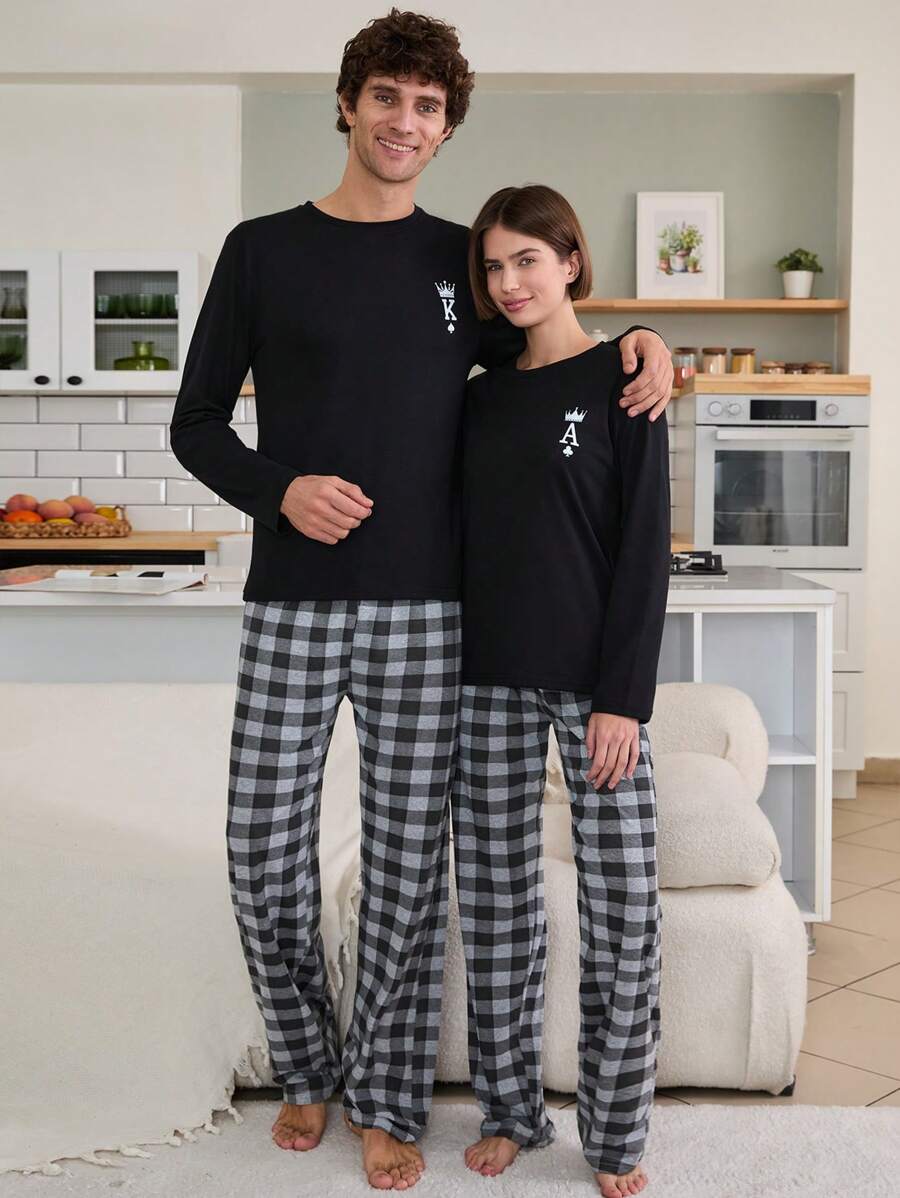 RueChic 2 Pcs Valentine's Day Couple Contrast Colour Queen Printed And Plaid Pattern Bottom Homewear Set - Black - View 1