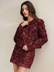 Anewsta Bộ 2 món thời trang Tết Nguyên Đán cho nữ: Áo khoác họa tiết hoa cổ tròn tay dài thanh lịch và chân váy ngắn, ngày lễ/ngày lễ tình nhân - Màu Đỏ Sâu - Xem 2