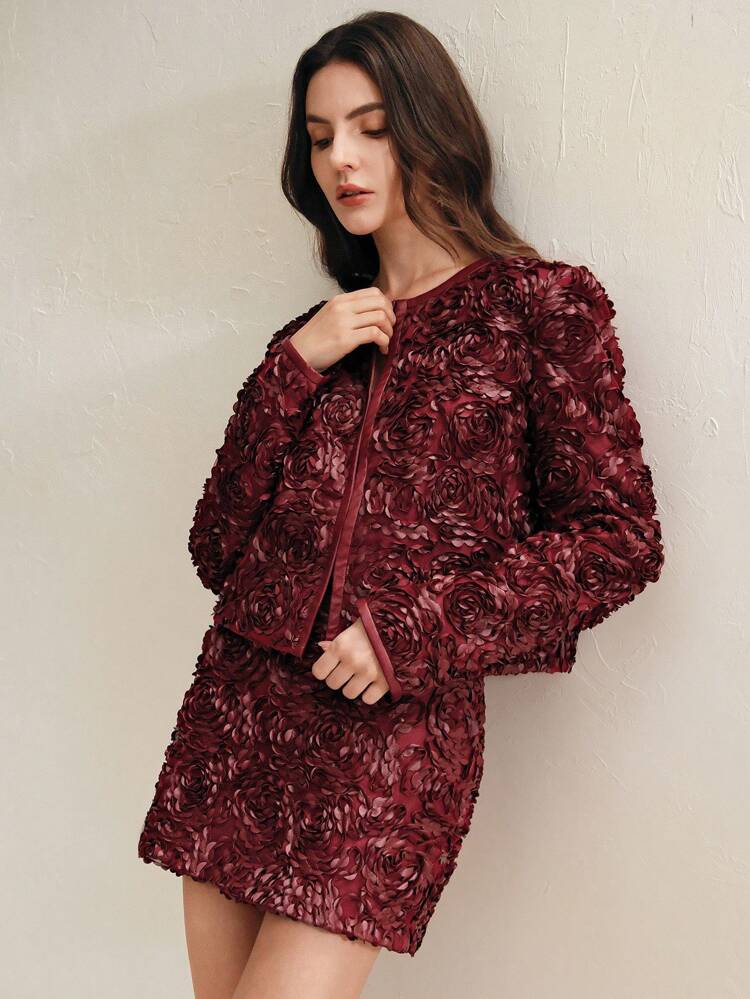 Chinese New Year Women 2pcs Set: Elegant Round Neck Long Sleeve Floral Textured Jacket And Mini Skirt, Vacation/Valentine's Day