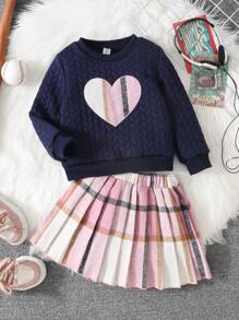 SHEIN 2pcs/Set Girls Embroidered Pink Top And Plaid Pleated Skirt - Multicolor - View 1