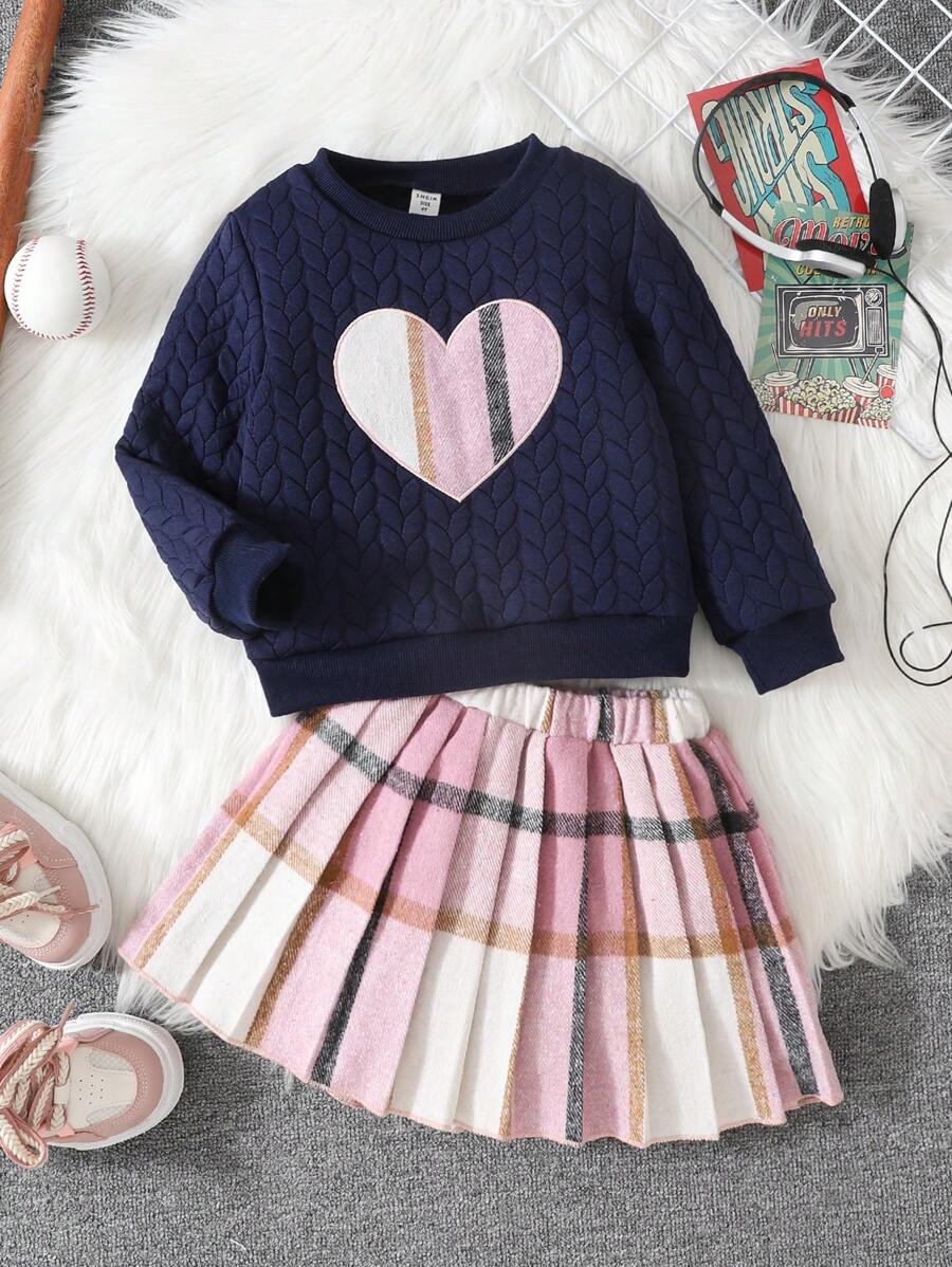 SHEIN 2pcs/Set Girls Embroidered Pink Top And Plaid Pleated Skirt - Multicolor - View 1