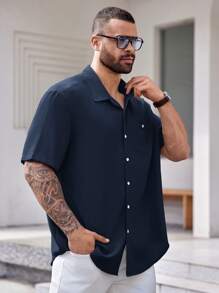 EASEVO Plus Size Woven Casual Short Sleeve Blue Shirt - Navy Blue - View 3