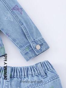2pcs Girls Casual Basic Commuter Cute Print School Style Comfortable Denim Set - Medium Wash - View 3