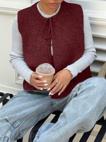 SHEIN Essnce Conjunto de otoño gris para mujer - Chaleco de lana con cordones que se puede usar de dos formas: por delante y por detrás. Chaleco de lana con abertura delantera y lazo tejido