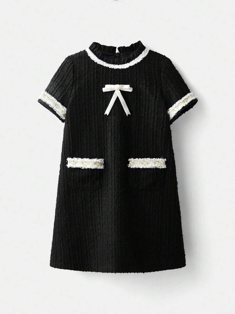 Young Girl Casual Bowknot Decor Colorblock Knitting Dress
