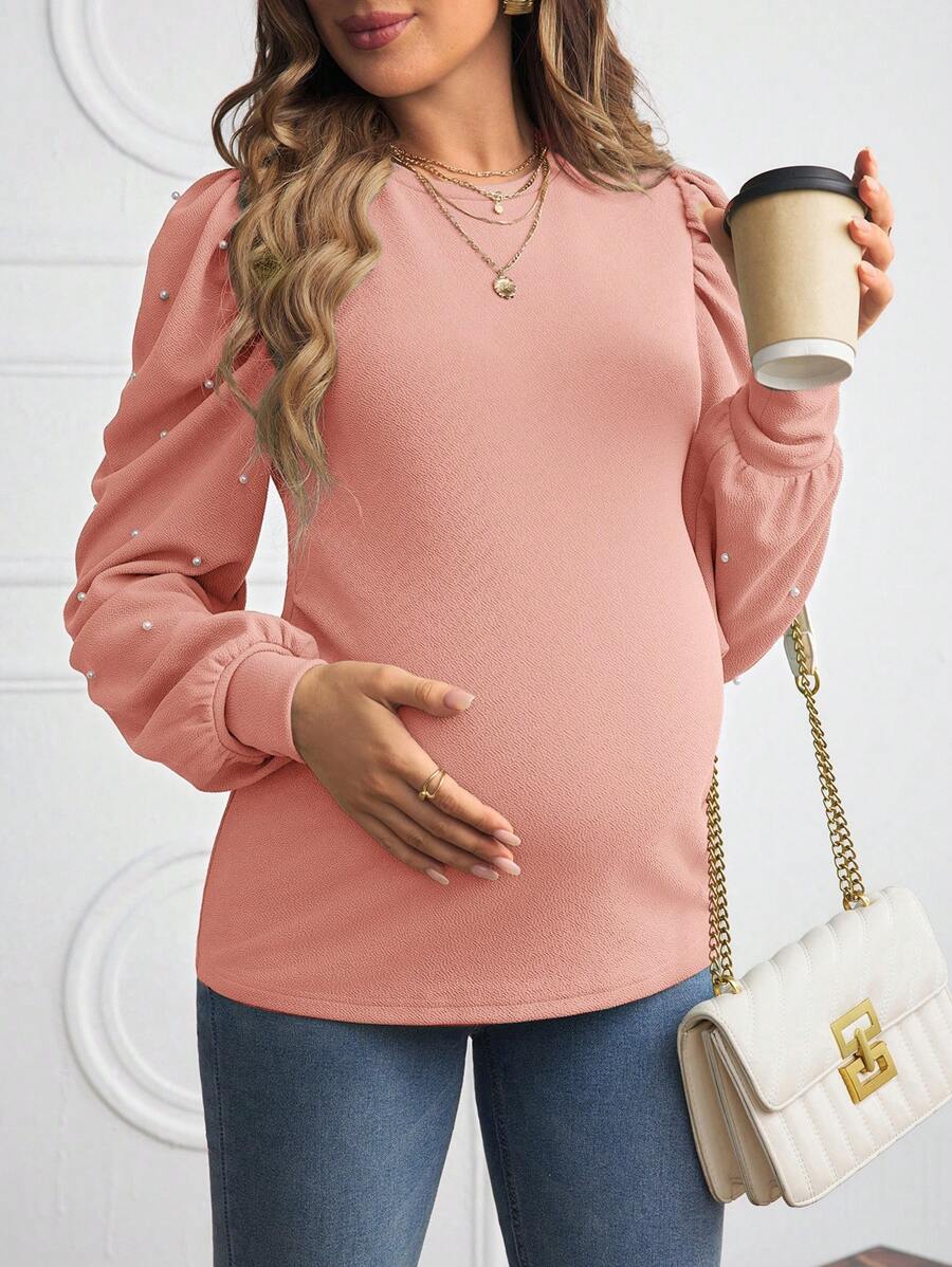 SHEIN Top ajustada de punto con mangas abullonadas y decoración de perlas, para maternidad, otoño - Rosa - Ver 1