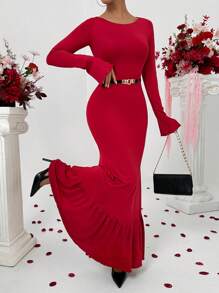 Calvaya Vestido con manga larga, hombros descubiertos, con entrelazado y volantes en color rojo para mujeres