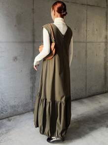 Women's Solid Color Sleeveless Minimalist Pleated Dress, Casual For Daily Wear,Fall Clothes - Green - View 5