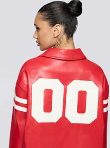 SUMWON WOMEN Retro Athletic Varsity Style Moto Jacket With Racing Stripes Double White Lines Zipper Front Streetwear Fall Winter Outerwear - Red - View 5