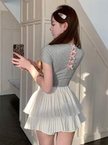 DAZY Áo thun nữ tay dài họa tiết nơ trang trí mới mùa hè - Xám - Xem 6