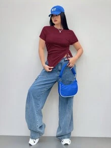 Coolane 大码抽绳侧不对称短款 T 恤，修身款，夏季 - 酒紅色 - 查看 6