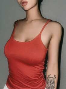 DAZY Women Solid Color Stretchy Neon Color Camisole Tank Top, Spring/Summer - Coral Orange - View 6