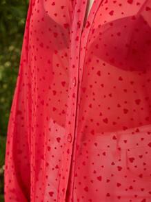SHEIN EZwear Valentine's Day Heart Button Decor Long Sleeve Plus Size Casual Shirt - Red - View 6