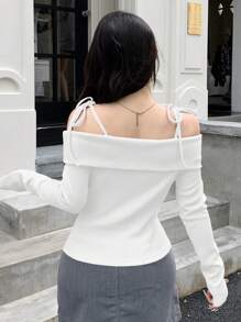 DAZY 女式白色露肩系带T恤，春夏、秋装