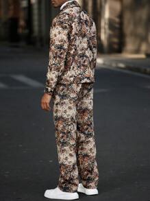 Manfinity Homme 男士成熟休闲 INS 印象派花卉纹理提花夹克和裤子套装。男士两件套服装，男士服装，前胸热销织标装饰