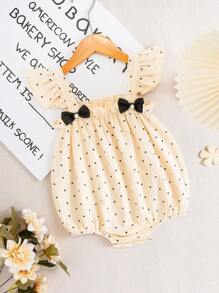 Souflis Souflis Mono de bebé de verano con estampado de lunares negros, perlas negras y mariposa, diseño simple y lindo - Blanco - Ver 1