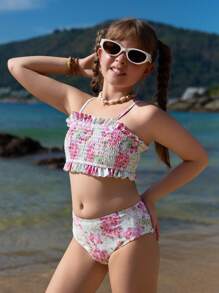 SHEIN Tween Girl Floral Print Vacation Beach Swimwear Set - Multicolor - View 5