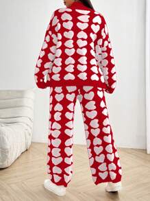 Flirla Fashion Heart Pattern Long Sleeve Knit Sweater Set, Autumn/Winter - Red - View 2