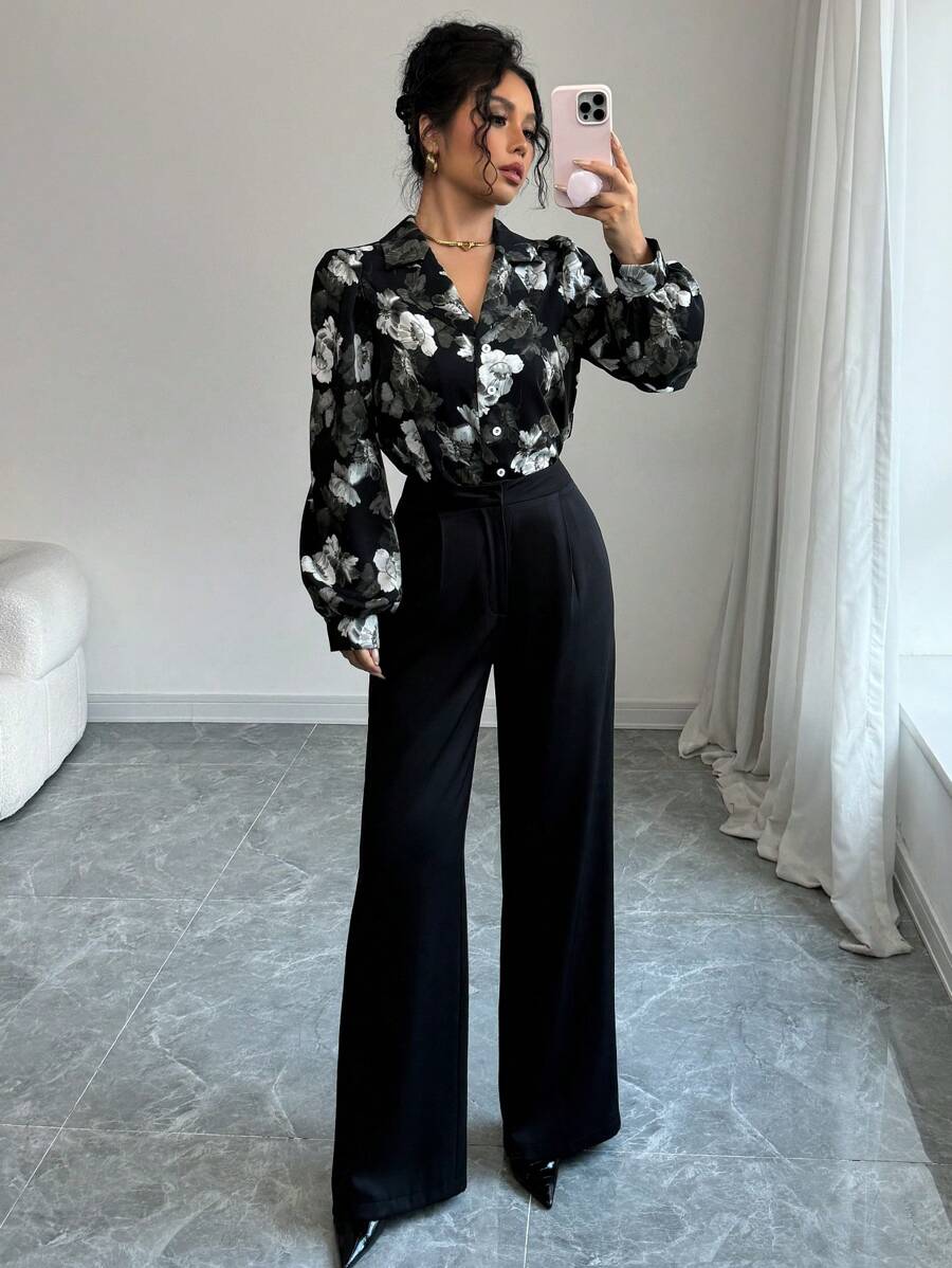 Modelyn 女士优雅编织花卉印花翻领宽松长袖上衣和裤子 2 件套 - 黑色 - 查看 1