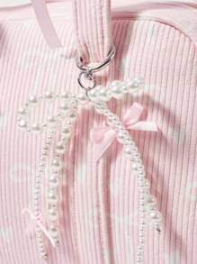 ROMWE Kawaii 粉色灯芯绒蝴蝶结时尚手提包，女士手提包，饰有蝴蝶结和爱心印花，可爱蝴蝶结包，完美搭配秋季女装，粉色，蝴蝶结，卡哇伊 - 粉色 - 查看 5