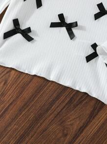 SHEIN Toddler Girls' Long Sleeve Round Neck Cute Bow Decor Top T-Shirt, Casual Comfortable And Versatile For Outdoor, Spring & Autumn - White - View 7