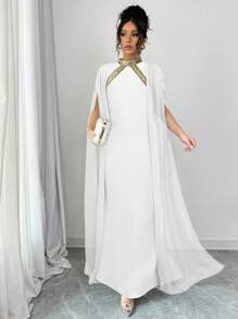 Elenzga 拼色装饰领优雅蝙蝠袖美人鱼下摆时尚优雅的连衣裙，适合派对和宴会，女士 - 白色 - 查看 2