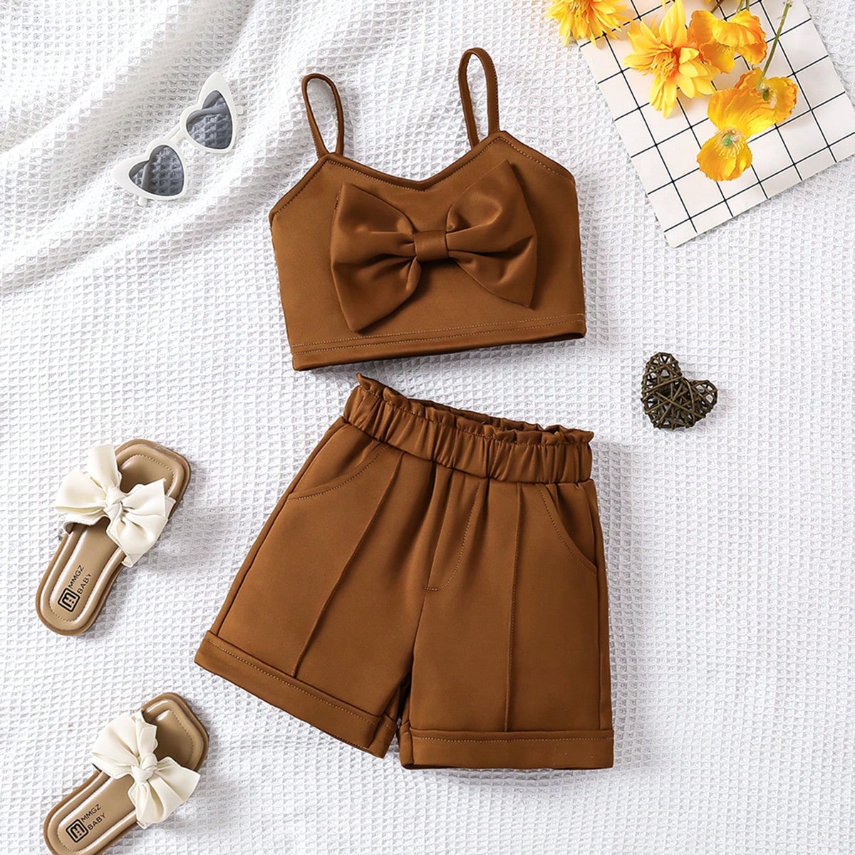 Young Girl Solid Color Camisole Top With Bow Accent And Shorts Set, Casual & Minimalist Daily Wear
