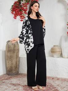 Lacomfia Women's Casual Color Block Round Neck Top With Loose Fit Pants, 2 Pieces Set