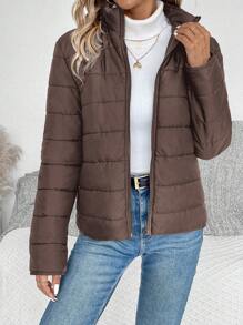 SHEIN LUNE Women Solid Color Long Sleeve Zipper Stand Collar Casual Winter Jacket Fall Cloth For Women - Coffee Brown - View 4