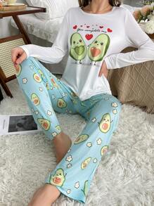 Ensemble de pyjama pour femmes avec haut à manches longues et pantalon long, imprimé avocat