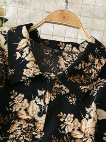 SHEIN Clasi 大码女式长袖花卉印花腰纽扣中长连衣裙