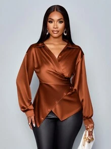 SOLERSUN “2024 年新款秋冬女式衬衫、新年、情人节、促销、派对、家庭、外出、工作、性感、紧身、正式、西式、休闲、老款风格、商务、秋季、春季、冬季、教师、衬衫、女士、长袖、粉色，” - 棕色 - 查看 4