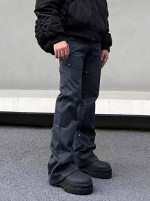 Manfinity Roghcode Men's Zipper Design Flare Leg Casual Pants - Navy Blue - View 5