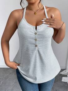 Calvaya 大码女式夏季条纹可调节细肩带针织修身度假休闲别致细肩带吊带背心，背面带纽扣设计 - 彩色 - 查看 3