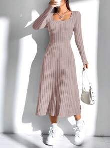 SHEIN EZwear Vestido elegante de manga larga y largo de talla grande, de unicolor, con costillas minimalista - Rosa - Ver 3