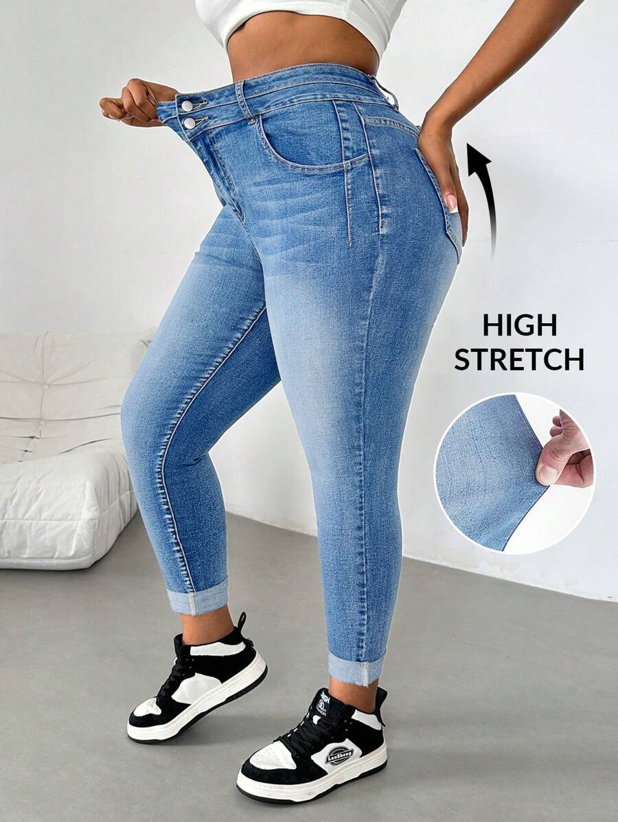 Firerie Plus Size Front Button Pocket Casual Denim Jeans, Daily Wear - Light Wash - View 1