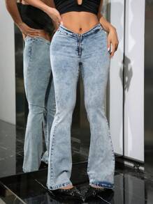 SHEIN ICON Quần Jeans Nữ Y2k Cạp Thấp Có Khóa Kéo Phía Trước Đơn Giản, Mặc Thường Ngày Hàng Ngày - Rửa trung bình - Xem 1