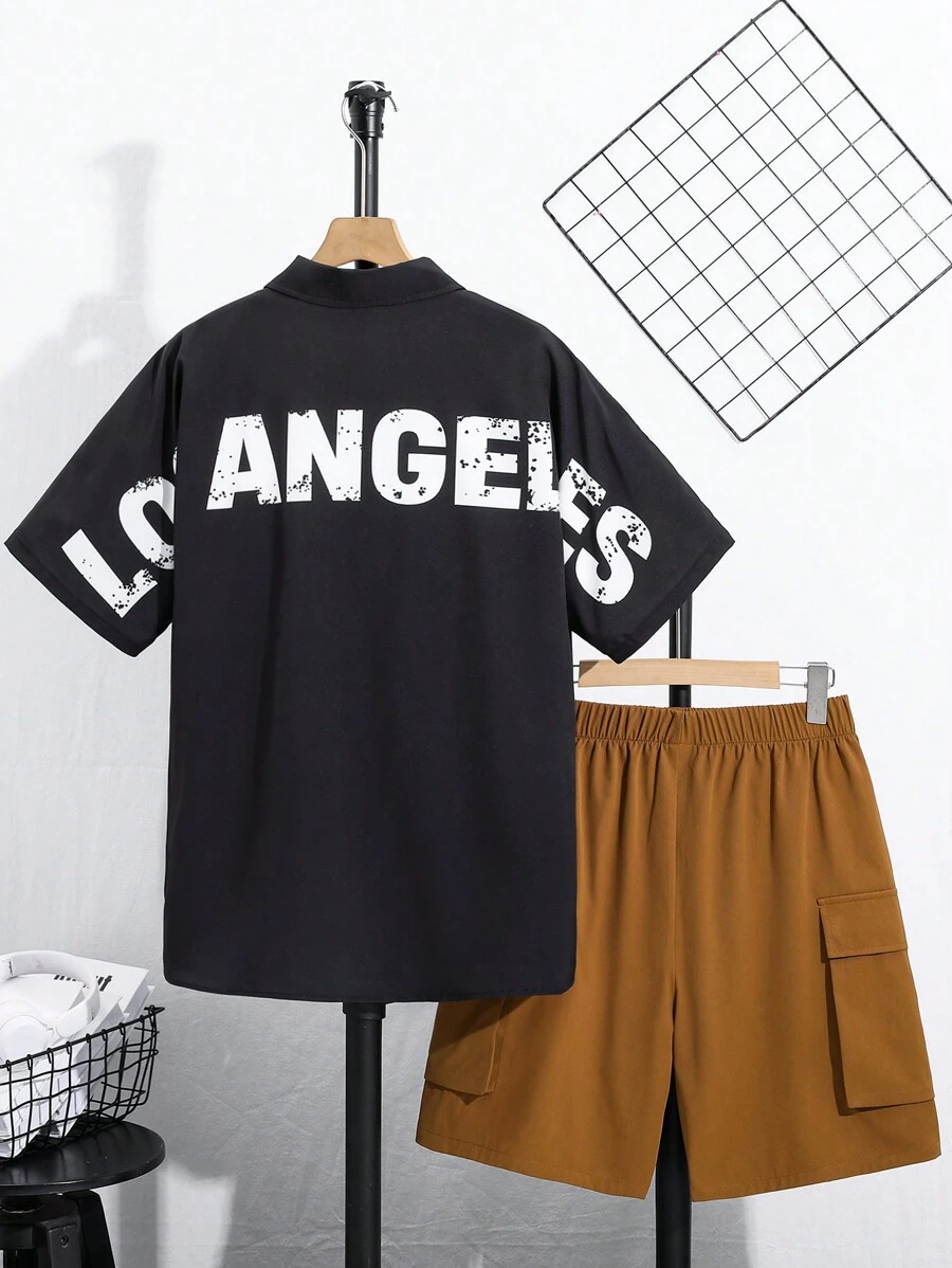 SHEIN Teen Boy Letter Pattern Pocket Shirt & Cargo Shorts Set - Black - View 1